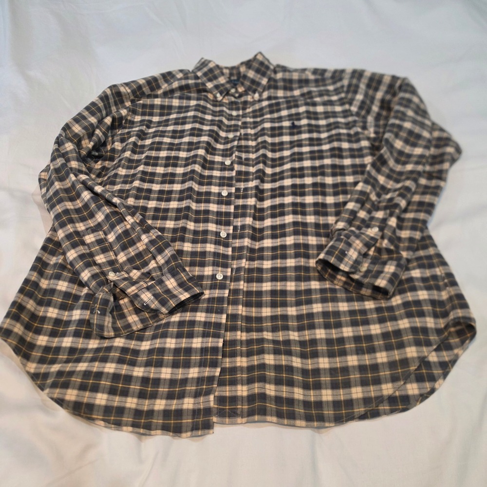 Ralph Lauren Button Down Shirt Mens XL Navy Plaid Classic Fit Long Sleeve
